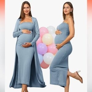 Blue Ribbed Maternity Dress with Cardigan